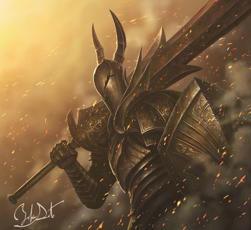 1other armor black_armor black_knight_(dark_souls) breastplate dark_souls_(series) dark_souls_i embers fake_horns full_armor gauntlets greatsword helmet highres holding holding_shield holding_sword holding_weapon horned_helmet horns knight ornate_armor over_shoulder satoyuki shield shoulder_armor signature solo sword weapon weapon_over_shoulder