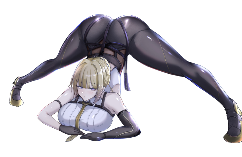 1girl absurdres arm_strap ass black_pants blonde_hair chest_harness elbow_gloves evelyn_chevalier gloves hair_up half_gloves harness high-waist_pants highres jack-o&#039;_challenge necktie pants poni_(poni_arknights) purple_eyes shiny_clothes shiny_skin simple_background single_elbow_glove single_half_glove solo tight_clothes tight_pants uneven_bangs white_background yellow_necktie zenless_zone_zero