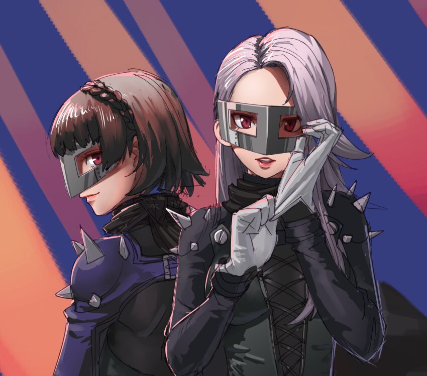 2girls \ alternate_costume bodysuit braid brown_hair corset cross-laced_clothes crown_braid diagonal_striped_background expressionless eye_mask from_behind gloves grey_hair highres long_hair looking_at_viewer looking_back matching_outfits multiple_girls niijima_makoto niijima_sae persona persona_5 poechan_chan putting_on_gloves red_eyes red_lips short_hair shoulder_spikes siblings sideways_glance sisters skin_tight spikes striped_background upper_body