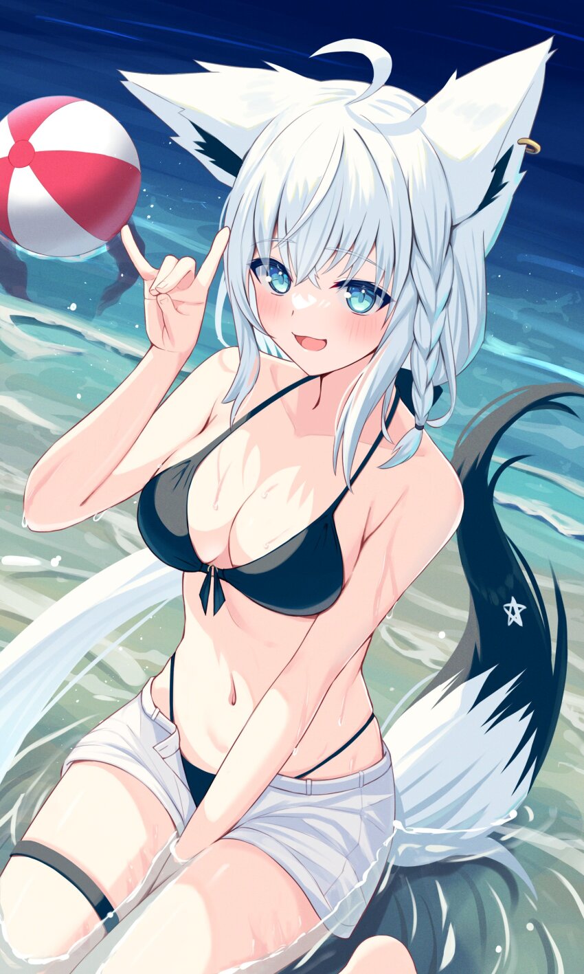 1girl absurdres ball beach beachball bikini bikini_under_clothes black_bikini black_tail breasts cleavage collarbone denim denim_shorts fox_shadow_puppet highres hololive medium_breasts navel ocean partially_submerged sand shirakami_fubuki short_shorts shorts solo swimsuit togemaru34 two-tone_tail virtual_youtuber water white_hair white_shorts white_tail