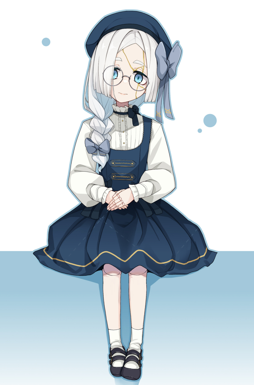 1girl beret black-framed_eyewear black_footwear blue_eyes blue_hat blue_skirt bow braid doll_joints forehead full_body glasses grey_bow grey_hair hair_bow hair_over_shoulder hand_up hands_on_lap hat highres joints kintsugi long_hair long_sleeves looking_at_viewer ogami_kazuki original own_hands_together parted_bangs pleated_skirt puffy_long_sleeves puffy_sleeves round_eyewear shirt shoes short_eyebrows single_braid sitting skirt socks solo thick_eyebrows white_background white_shirt white_socks