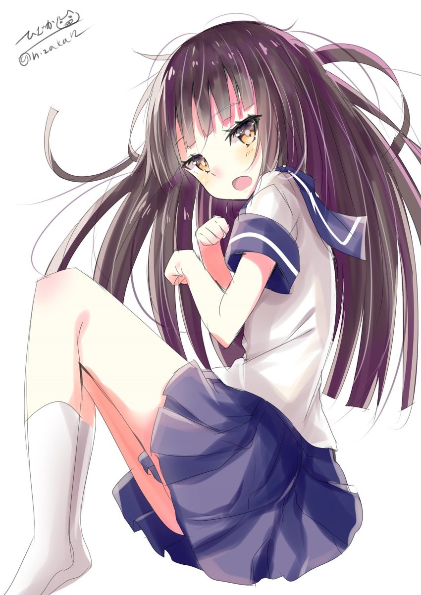 1girl black_hair blue_serafuku blue_skirt blunt_bangs blush brown_eyes female_focus hatsuyuki_(kancolle) highres hizaka kantai_collection long_hair looking_at_viewer lying miniskirt one-hour_drawing_challenge open_mouth sailor_collar school_uniform serafuku short_sleeves simple_background skirt socks solo twitter_username white_background white_socks