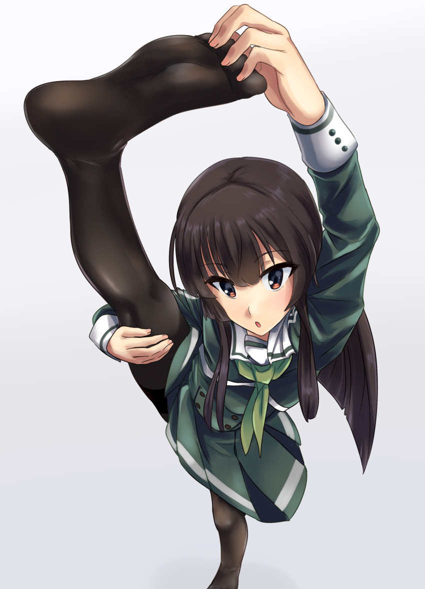 1girl absurdres arm_up artistic_error bad_anatomy black_pantyhose blunt_bangs brown_eyes brown_hair commentary_request foreshortening from_above green_neckerchief heijou_institute_school_uniform highres juujou_hiyori long_hair long_sleeves looking_at_viewer mashitono_desu neckerchief no_shoes pantyhose parted_lips sailor_collar school_uniform sidelocks soles solo split standing standing_on_one_leg standing_split toji_no_miko white_background white_sailor_collar