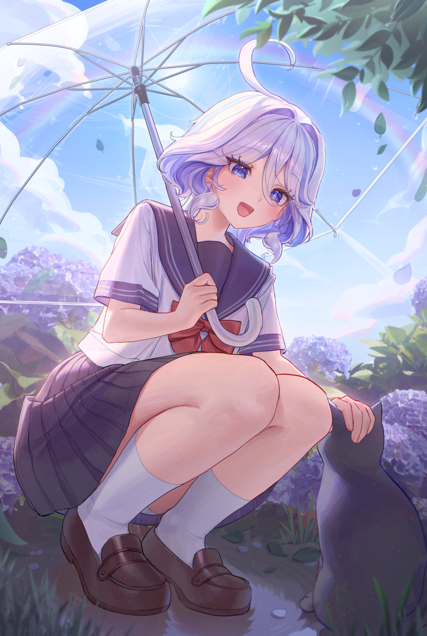 1girl :d absurdres alternate_costume black_cat blue_eyes blue_skirt blue_sky blush brown_footwear cat chabi009 cloud cowlick day flower from_below full_body furina_(genshin_impact) genshin_impact headpat highres holding holding_umbrella hydrangea looking_at_animal neckerchief open_mouth panties patting purple_flower rainbow red_neckerchief school_uniform shirt short_hair skirt sky smile socks solo squatting sun transparent transparent_umbrella umbrella umbrella_over_shoulder underwear wavy_hair white_hair white_panties white_shirt white_socks