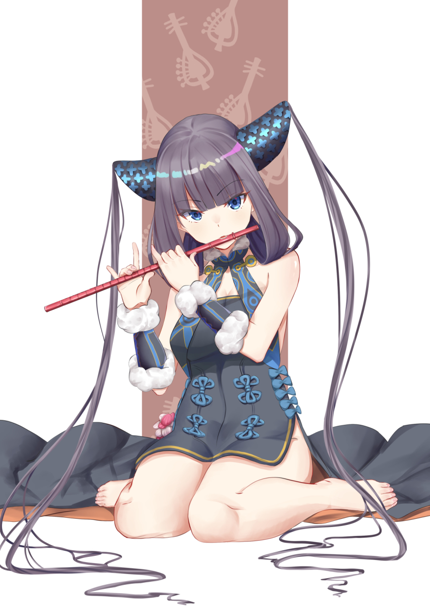 1girl bare_shoulders barefoot black_dress blue_eyes blunt_bangs blush breasts brown_background china_dress chinese_clothes cleavage detached_sleeves dress fate/grand_order fate_(series) feet flute hair_ornament highres instrument large_breasts long_hair looking_at_viewer motsushi music playing_instrument purple_hair sidelocks sitting solo thighs twintails two-tone_background very_long_hair wariza white_background yang_guifei_(fate) yang_guifei_(second_ascension)_(fate)