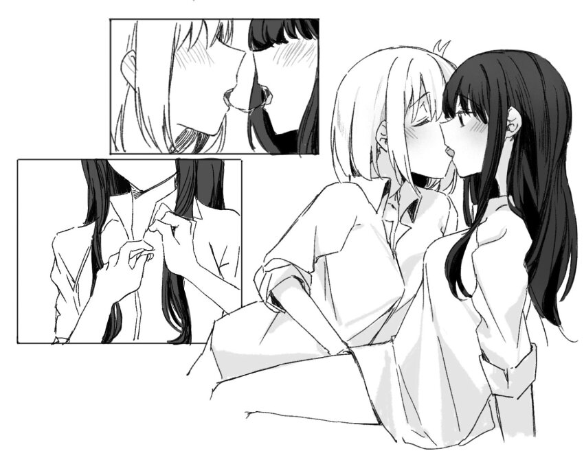 after_kiss blush bottomless closed_eyes collared_shirt fingering french_kiss greyscale highres inoue_takina jenjen kiss long_hair looking_at_another lycoris_recoil monochrome nishikigi_chisato saliva saliva_trail shirt short_hair sleeves_rolled_up tongue tongue_out undressing_another yuri