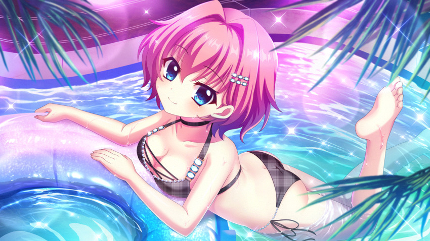 1girl ass bikini black_bikini blue_eyes blue_gemstone breasts butt_crack cleavage closed_mouth collarbone dot_nose feet film_grain from_side game_cg gem hair_intakes hair_ornament hairclip hiiragi_kae izumi_tsubasu leg_up looking_at_viewer medium_breasts night non-web_source official_art partially_submerged pink_hair plaid_bikini plaid_clothes pool purple_innertube re:stage! side-tie_bikini_bottom smile solo swimsuit toes wet