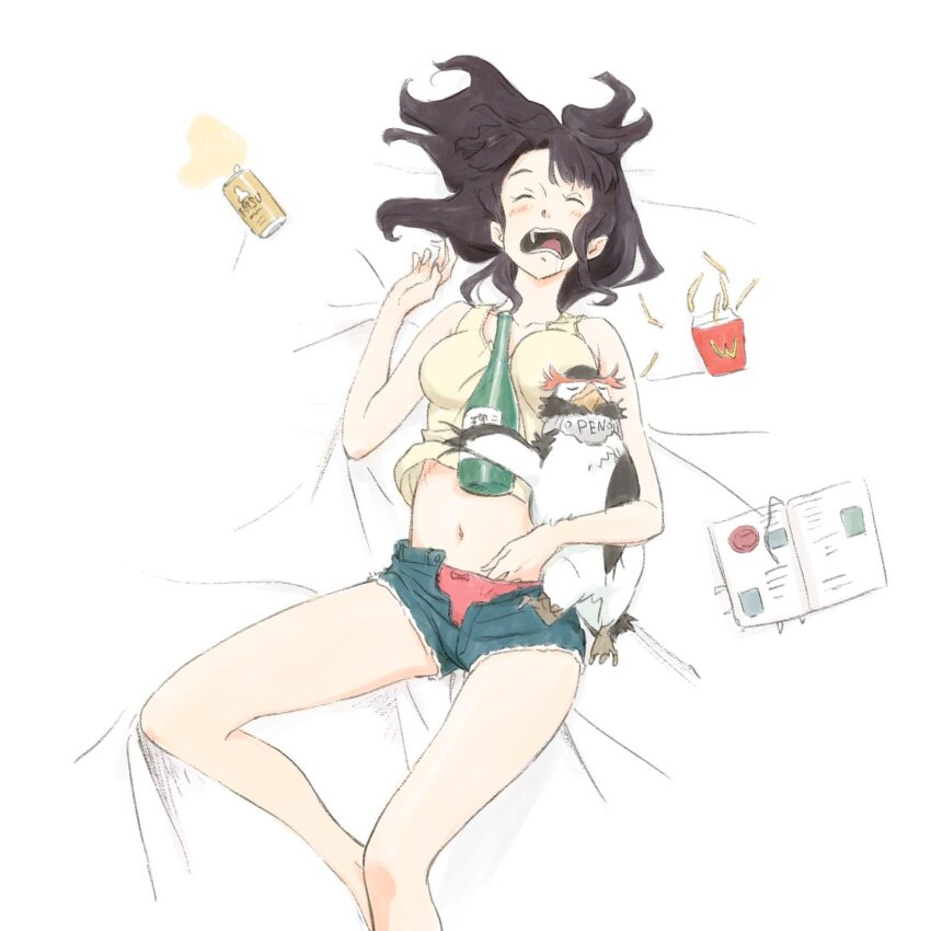 1girl animal beer_can bird black_hair blue_shorts bottle bow bow_panties breasts can closed_eyes denim denim_shorts drink_can food french_fries from_above hand_in_own_panties highres ishida_hiroyasu katsuragi_misato long_hair lying midriff navel neon_genesis_evangelion on_back open_fly panties panty_peek penguin penpen red_panties sake_bottle shirt short_shorts shorts sleeping teeth underwear yellow_shirt