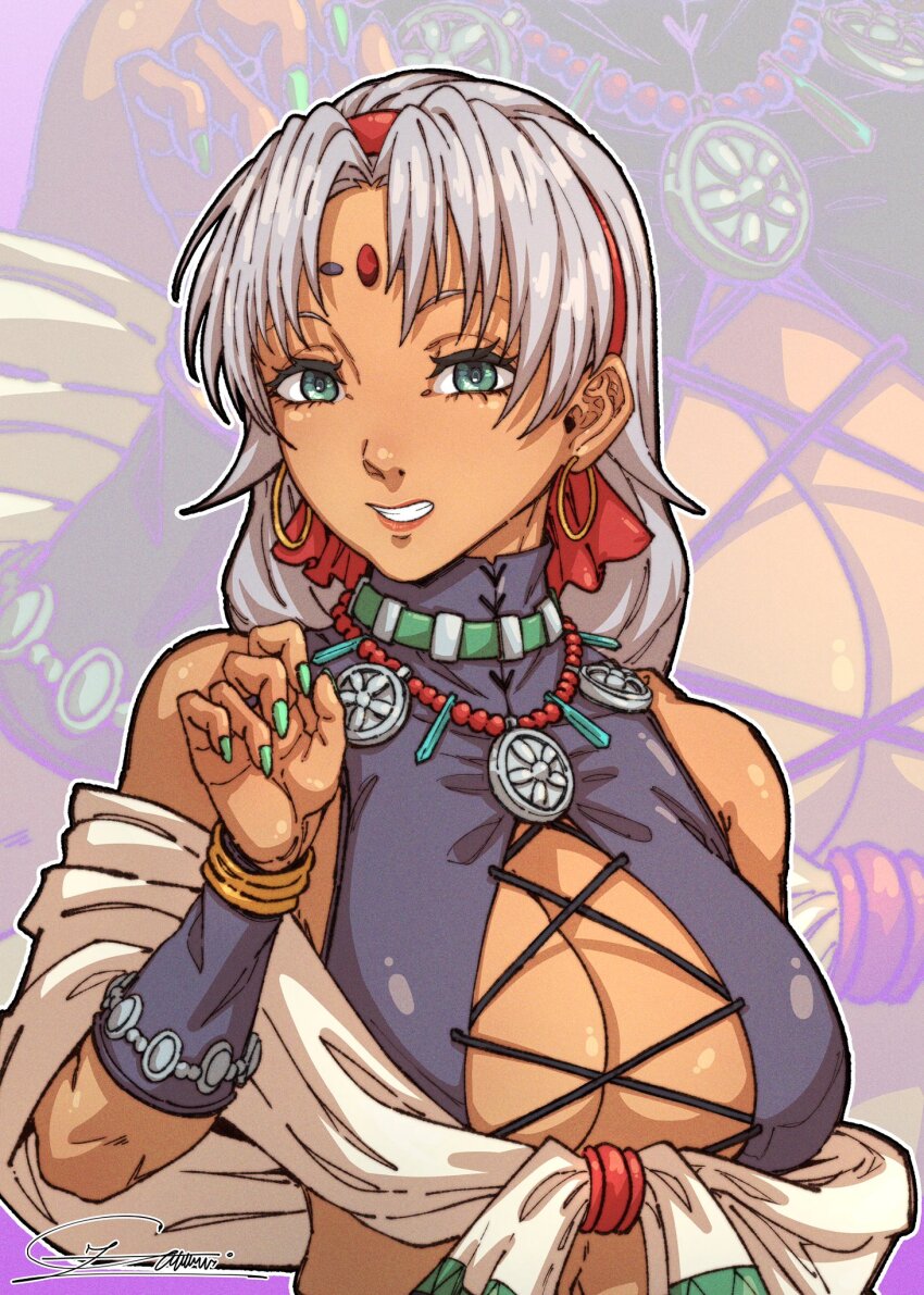 1girl bracelet breasts chuckuddin cleavage cleavage_cutout clothing_cutout commentary curtained_hair earrings eiyuu_densetsu english_commentary green_eyes highres hoop_earrings jewelry large_breasts necklace parted_bangs portrait scarf scherazard_harvey signature solo sora_no_kiseki upper_body white_hair