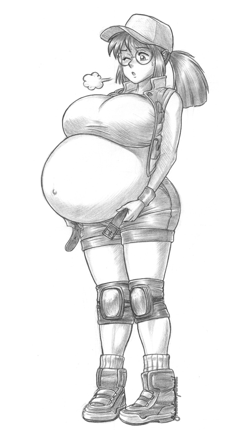 1girl belly belt big_belly breasts commentary commission crop_top english_commentary fio_germi full_body greyscale highres holding holding_belt knee_pads large_breasts metal_slug monochrome navel nose one_eye_closed open_mouth outie_navel ponytail pregnant shadowpencil short_shorts shorts solo standing stomach tank_top