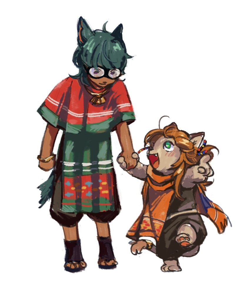 1boy 1girl aged_down barefoot brother_and_sister brown_hair commentary english_commentary esshemasha fangs final_fantasy final_fantasy_xiv glasses green_eyes green_hair highres holding_hands hrothgar koana_(ff14) miqo&#039;te open_mouth pointing poncho sandals siblings simple_background smile white_background wuk_lamat