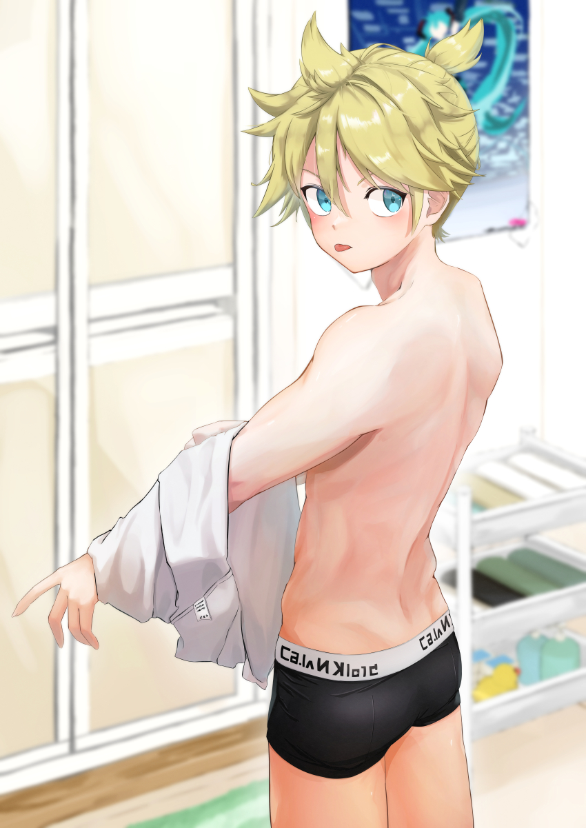 1boy :p absurdres ass back bathroom black_male_underwear blonde_hair blue_eyes blurry blush boxer_briefs commentary_request cowboy_shot depth_of_field from_behind hair_between_eyes hatsune_miku high_ponytail highres indoors kagamine_len kubari looking_at_viewer looking_back male_focus male_underwear median_furrow rubber_duck rug shampoo_bottle shirt short_hair short_ponytail sliding_doors solo spiked_hair standing tongue tongue_out topless_male towel underwear underwear_only undressing unworn_shirt vocaloid white_shirt wooden_floor