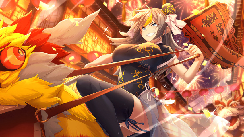 1girl aerial_fireworks architecture blue_eyes breasts china_dress chinese_clothes deep_one_kyomu_to_mugen_no_fragment dress east_asian_architecture edelgard_einstein explosion fire fireworks grin hand_fan holding lantern large_breasts lens_flare long_hair looking_at_viewer mtu_(orewamuzituda) non-web_source paper_lantern sash short_sleeves smile sparkle sparkler teeth thighhighs thighs