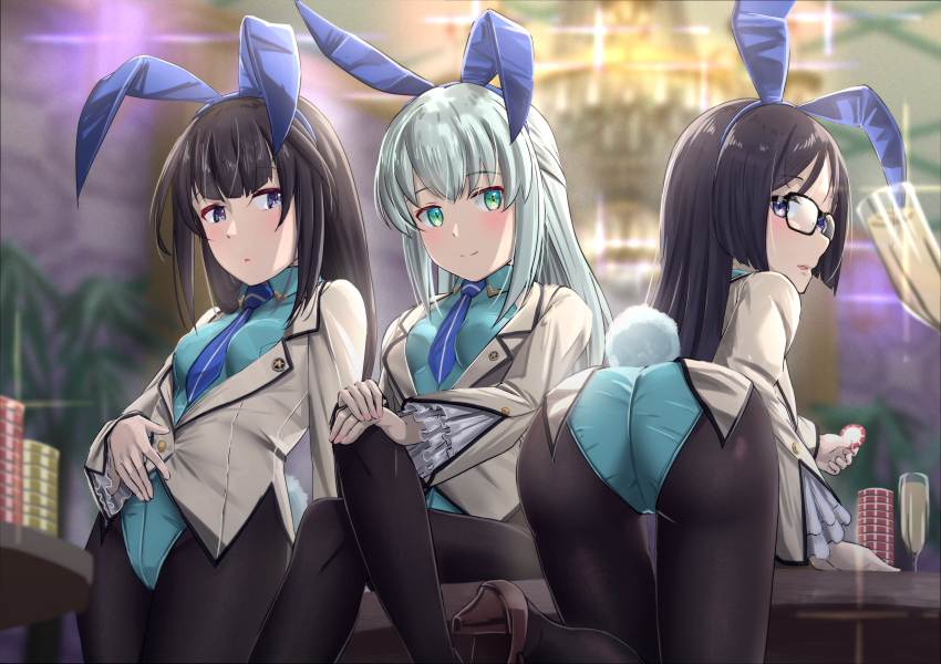 3girls absurdres agatsuma_kaede alice_gear_aegis ass black-framed_eyewear black_hair blue_hair glasses highres hime_cut leotard long_hair momoshina_fumika multiple_girls ochanomizu_mirie origami_yakko pantyhose playboy_bunny school_uniform