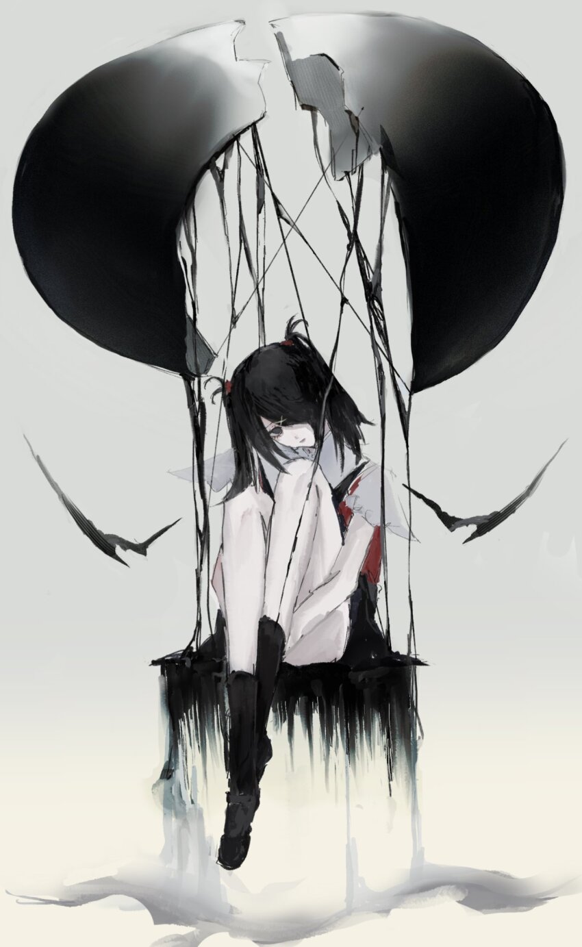 1girl ame-chan_(needy_girl_overdose) black_eyes black_hair black_ribbon black_skirt black_wings closed_mouth collared_shirt commentary_request cracked_egg cracked_shell demon_wings detached_wings eggshell full_body grey_background hair_ornament hair_over_one_eye highres hugging_own_legs kachimashita knees_up long_hair looking_at_viewer neck_ribbon needy_girl_overdose red_shirt ribbon shirt sitting skirt solo suspender_skirt suspenders twintails wings x_hair_ornament