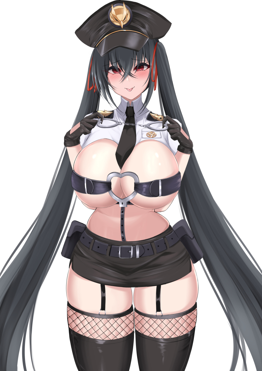 :p absurdres alternate_costume azur_lane belt between_breasts black_belt black_gloves black_hair black_necktie black_skirt blush boots breast_strap breasts cropped_jacket cuffs fishnet_thighhighs fishnets garter_straps gloves hair_between_eyes handcuffs hands_up highres hip_focus holding holding_handcuffs large_breasts long_hair microskirt midriff necktie necktie_between_breasts no_bra police police_uniform policewoman red_eyes revealing_clothes sakura_empire_(emblem) shigenohara_kitoha skirt taihou_(azur_lane) thigh_boots thighhighs thighs tongue tongue_out twintails very_long_hair