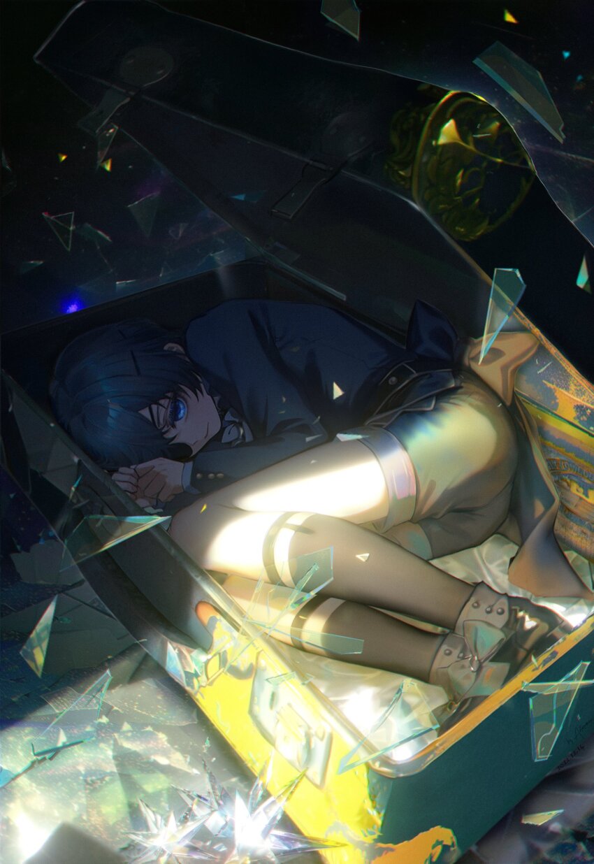 1boy astresia belt bishounen black_background black_belt black_footwear black_thighhighs blue_bow blue_eyes blue_hair blue_jacket blue_shorts bow buttons ciel_phantomhive closed_mouth commentary dark_blue_hair english_commentary eyepatch fetal_position glass_shards highres jacket kuroshitsuji light_particles looking_at_viewer male_focus short_hair shorts smile solo suitcase thighhighs