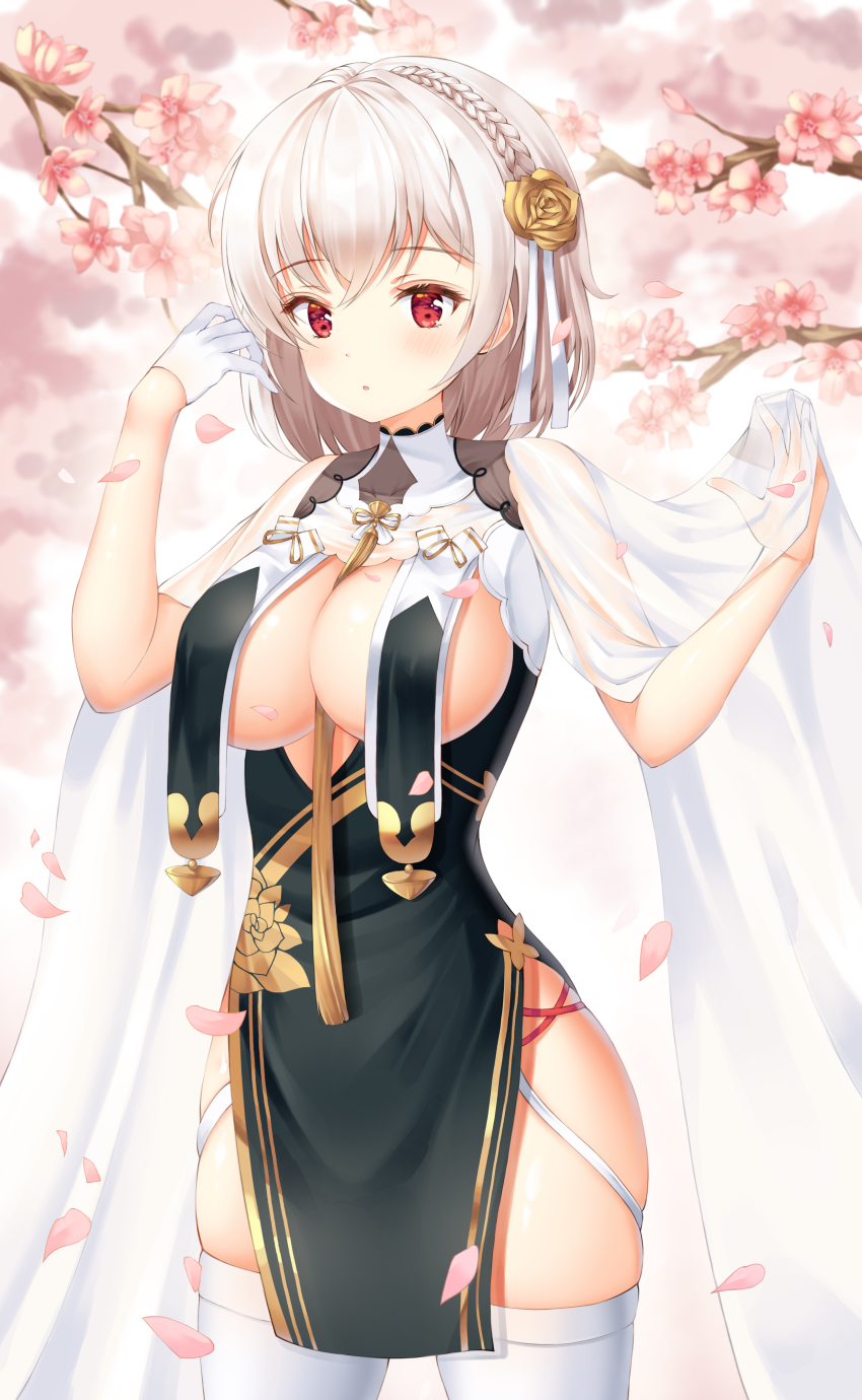 1girl absurdres azur_lane between_breasts black_dress braid branch breast_curtains breasts cherry_blossoms china_dress chinese_clothes cleavage cowboy_shot dress french_braid gloves hair_ornament hands_up highres kotomaru_(sirouko9511) large_breasts looking_at_viewer pelvic_curtain petals red_eyes see-through_clothes short_hair silver_hair single_glove sirius_(azur_lane) sirius_(azure_horizons)_(azur_lane) skindentation sleeveless sleeveless_dress solo thighhighs white_gloves white_thighhighs