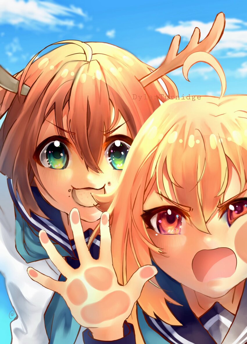 2girls :3 antlers aqua_neckerchief blonde_hair blue_neckerchief blue_sailor_collar brown_hair cracker deer deer_antlers deer_cracker deer_girl dylanturnidge food green_eyes highres horns koshi_torako long_hair long_sleeves multiple_girls neckerchief open_mouth sailor_collar school_uniform serafuku shikanoko_noko shikanoko_nokonoko_koshitantan shirt short_hair skirt smile white_shirt