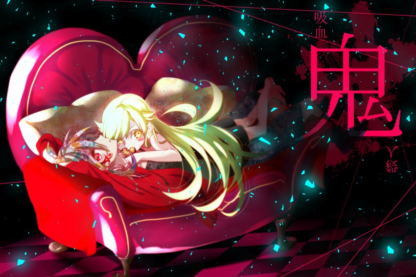 1boy 1girl blonde_hair donut facial_tattoo food grey_hair highres hii_(hii101) long_hair looking_at_viewer lying monogatari_(series) on_back on_stomach oshino_shinobu red_eyes tattoo yellow_eyes zaregoto_series zerozaki_hitoshiki