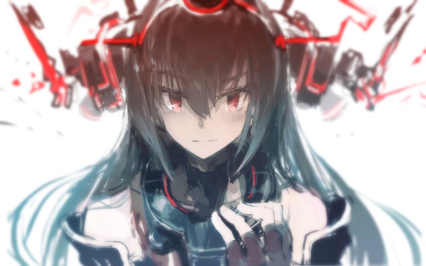 10s 1girl black_hair custom_(cus-tom) female_focus fingerless_gloves gloves hair_ornament headgear kantai_collection looking_at_viewer nagato_(kancolle) red_eyes solo