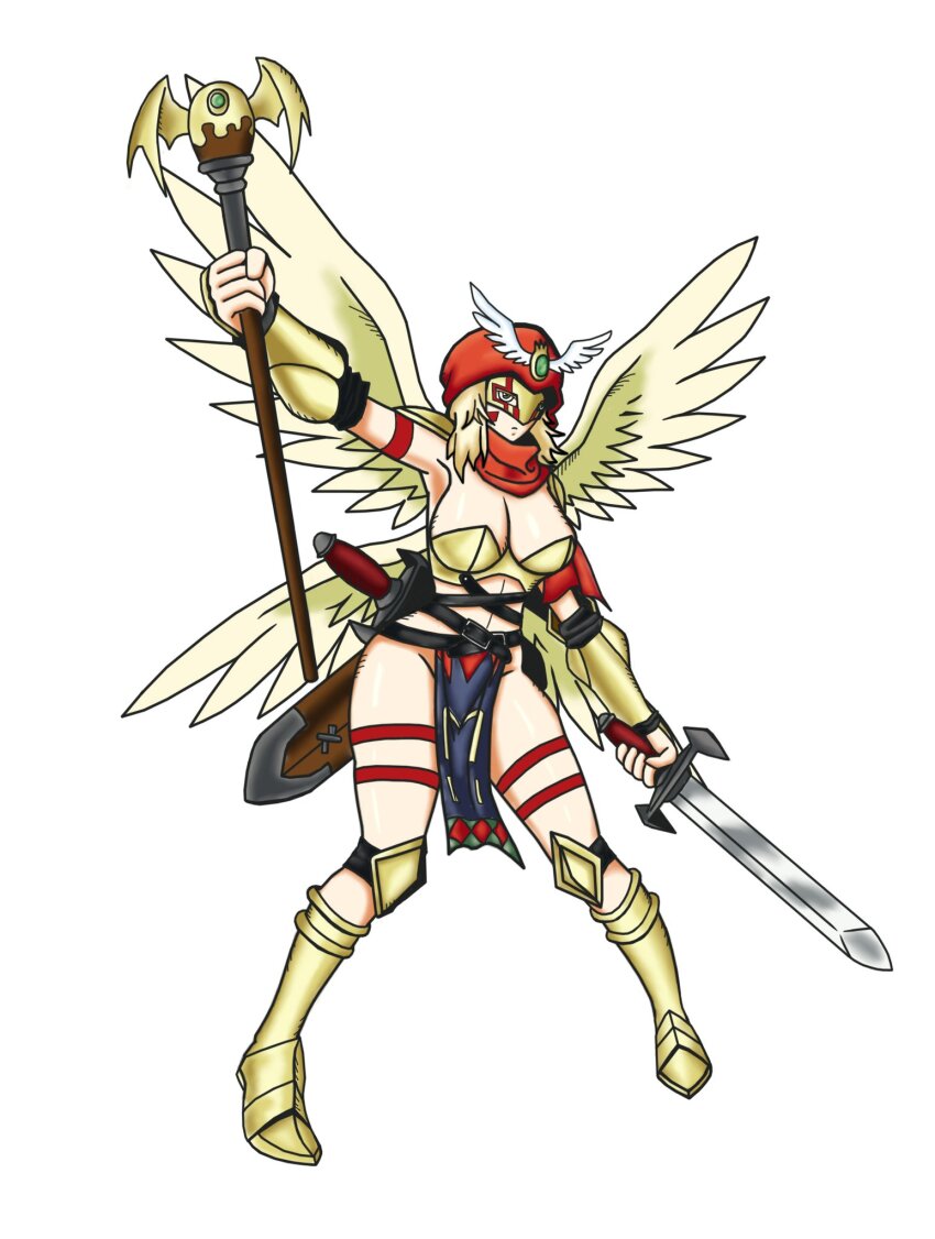 1girl angel angel_girl darcmon digimon digimon_(creature) female_focus full_body highres looking_at_viewer mask simple_background solo standing