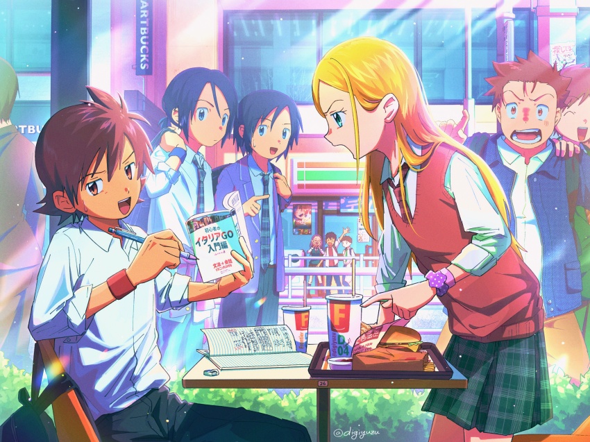 2girls 6+boys blonde_hair blue_hair book brown_sweater burger digimon digimon_adventure_02 digimon_frontier fast_food food green_eyes green_skirt group_picture hida_iori highres himi_tomoki holding holding_book holding_pen in-franchise_crossover inoue_miyako kanbara_takuya kato_(digiyuzu) kimura_kouichi mcdonald&#039;s minamoto_kouji motomiya_daisuke multiple_boys multiple_girls orimoto_izumi pen ponytail shibayama_junpei shirt short_hair skirt surprised sweater white_shirt window