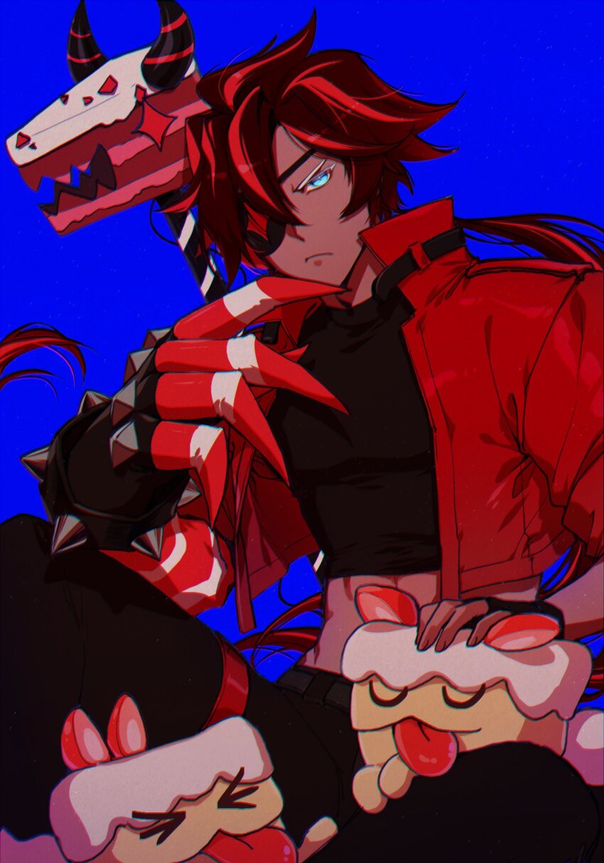 1boy belt black_belt black_pants black_shirt blue_background blue_eyes cake cake_hound claws closed_mouth cookie_run cookie_run:_kingdom cream_cake_hound dog eyepatch food food-themed_creature highres humanization jacket jyanjyan long_hair male_focus midriff multicolored_hair pants red_hair red_jacket red_velvet_cake red_velvet_cookie red_velvet_cookie_(hellhound) shirt sitting solo streaked_hair very_long_hair