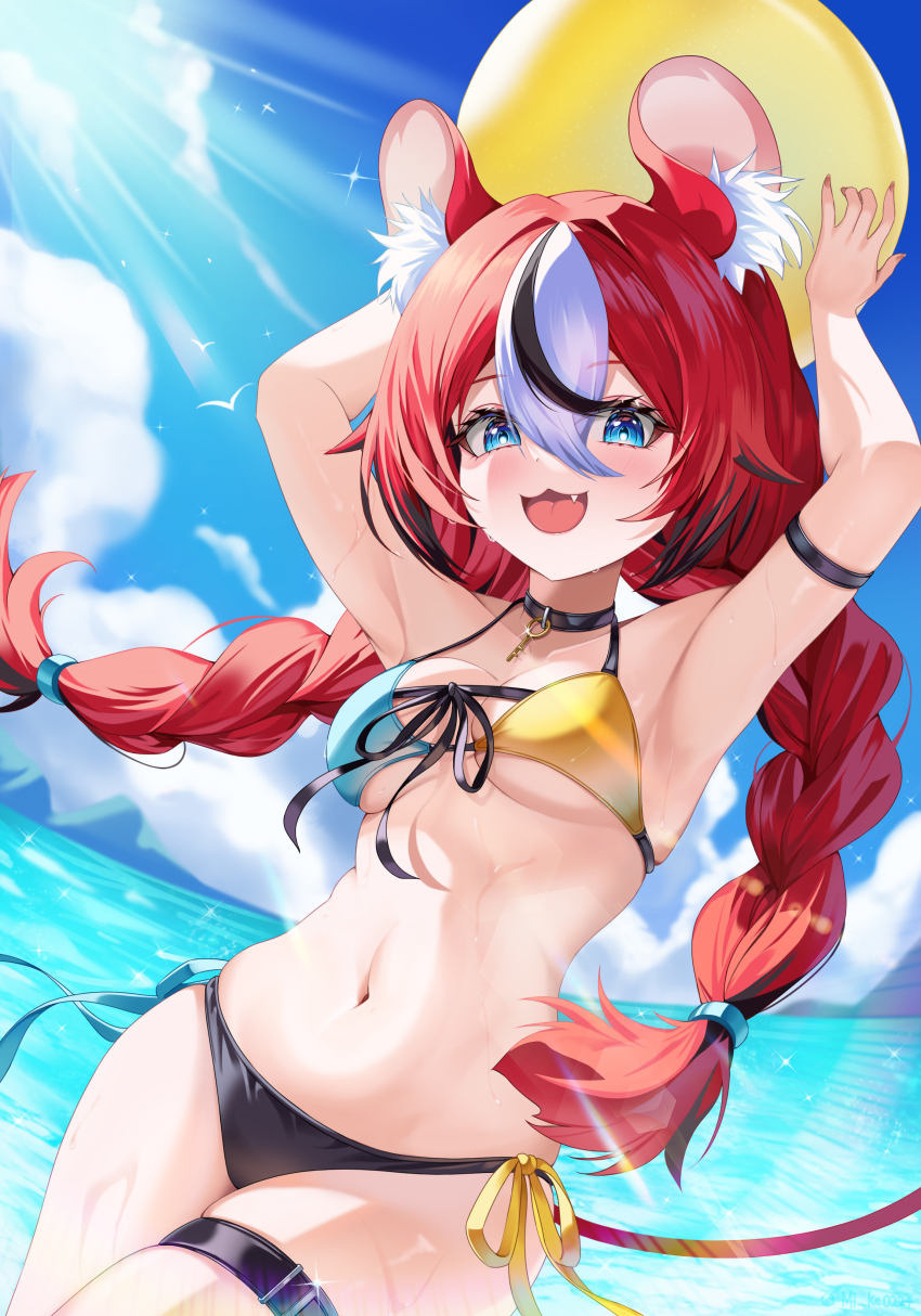 1girl :3 :d absurdres animal_ears ball beachball bikini black_bikini black_choker black_hair blue_bikini blue_sky blush braid breasts choker cleavage cloud fang hakos_baelz highres holding holding_ball holding_beachball hololive hololive_english long_hair looking_at_viewer medium_breasts mi_ke0224 mouse_ears mouse_girl mouse_tail multicolored_bikini multicolored_hair nail_polish open_mouth red_hair red_nails sky smile solo streaked_hair swimsuit tail twin_braids two-tone_bikini virtual_youtuber water white_hair yellow_bikini