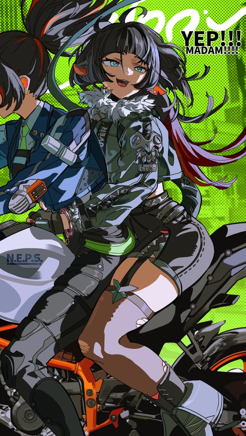 2girls absurdres animal_ears black_gloves black_hair black_shorts blue_jacket blunt_bangs dahe_z fingerless_gloves fingernails fur-trimmed_jacket fur_trim gloves green_eyes green_hair green_jacket highres jacket jane_doe_(zenless_zone_zero) long_hair motor_vehicle mouse_ears mouse_girl multicolored_hair multiple_girls nail_polish open_mouth orange_hair police police_uniform policewoman ponytail red_hair red_nails shorts sidelocks sitting smile streaked_hair two-tone_hair zenless_zone_zero zhu_yuan