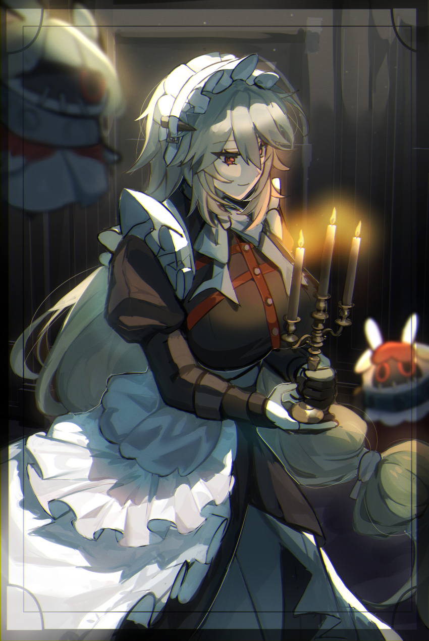 1girl absurdres alexandrina_sebastiane anastella_(zenless_zone_zero) black_dress candle cowboy_shot dress drusilla_(zenless_zone_zero) grey_hair highres holding holding_candle juliet_sleeves long_hair long_sleeves maid maid_headdress nolu_(waterwater980) puffy_sleeves red_eyes standing very_long_hair zenless_zone_zero