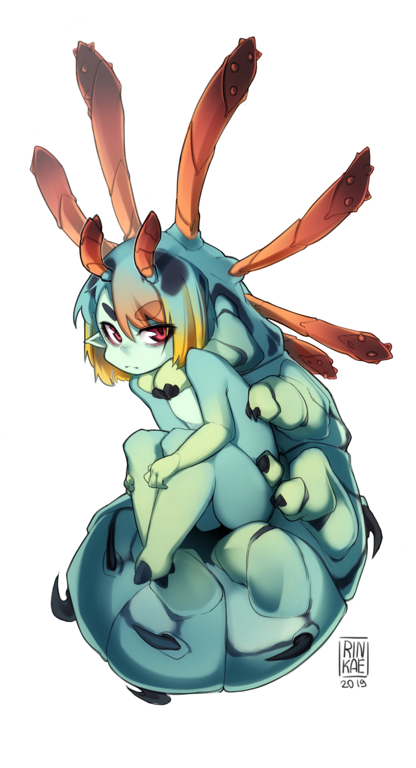 1girl antennae breasts caterpillar_girl colored_skin extra_arms female_focus green_hair green_skin highres arthropod_girl monster_girl multicolored_hair nude original pointy_ears red_eyes rinkae simple_background small_breasts solo white_background