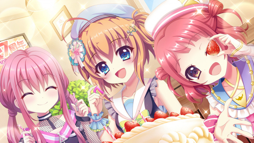 3girls :d ahoge anniversary asahi_hina beret blue_dress blue_eyes blue_hat blue_wrist_cuffs blush bow breasts brooch brown_eyes cake candle ceiling_light closed_eyes closed_mouth collarbone dot_nose dress dutch_angle film_grain fishnet_sleeves fishnets food fruit game_cg green_bow hair_ornament hair_rings hairclip hat holding holding_candle idol idol_clothes indoors izumi_tsubasu jewelry lens_flare long_hair looking_at_viewer multiple_girls non-web_source official_art one_eye_closed open_mouth orange_hair outstretched_hand picture_frame pink_hair pink_scrunchie re:stage! red_hair scrunchie see-through_clothes see-through_sleeves shikimiya_mana sidelocks single_wrist_cuff sleeveless sleeveless_dress small_breasts smile sorano_neon sparkle star_(symbol) star_brooch strawberry strawberry_cake upper_body white_hat wrist_cuffs wrist_scrunchie