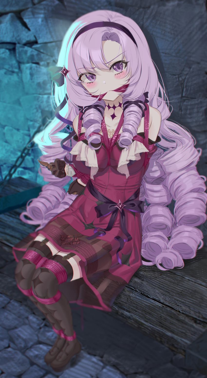 1girl absurdres bdsm black_thighhighs blush bondage bound cailin020 cleave_gag cloth_gag dress drill_hair full_body gag gagged highres hyakumantenbara_salome improvised_gag looking_at_viewer nijisanji purple_eyes purple_hair red_dress restrained shibari sitting solo thighhighs virtual_youtuber