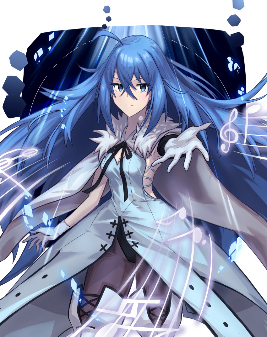 1girl absurdres ahoge black_leotard blue_eyes blue_hair boots breasts cape cleavage floating_hair gloves grey_cape grey_pants hair_between_eyes highres leotard long_hair looking_at_viewer medium_breasts pants parted_lips sideboob solo standing thigh_boots thighhighs tsukinaga very_long_hair vivy vivy:_fluorite_eye&#039;s_song white_footwear white_gloves