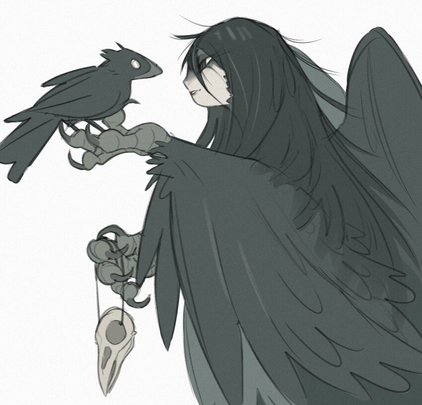 1girl absurdres animal animal_hands animal_on_hand animal_skull bird bird_skull claws commentary crow english_commentary feathered_wings feathers greyscale harpy highres long_hair messy_hair monochrome monster_girl original simple_background solo tateoftot winged_arms wings