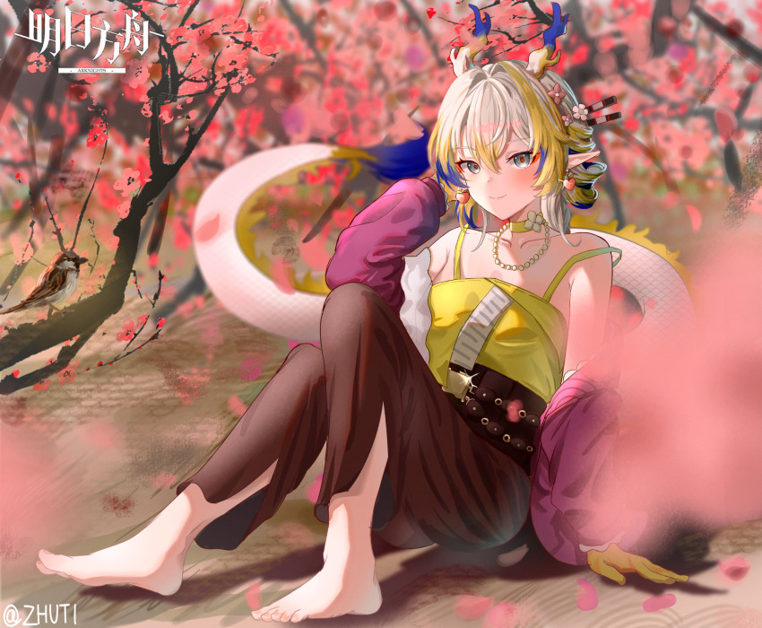 1girl animal arknights arm_up bare_shoulders barefoot bird blonde_hair blurry blurry_background blurry_foreground brown_bird camisole cherry_blossoms chinese_commentary choker closed_mouth collarbone commentary_request copyright_name dragon_girl dragon_horns dragon_tail earrings eyeliner feet flower fruit_earrings full_body glint grey_eyes hair_between_eyes hair_flower hair_intakes hair_ornament highres horns jewelry long_hair looking_at_viewer makeup multicolored_hair necklace official_alternate_costume orange_eyeliner orange_pupils outdoors pearl_necklace pigeon pink_flower pointy_ears purple_hair shu_(arknights) shu_(spring_feast)_(arknights) smile solo spaghetti_strap strap_slip tail toes white_hair wrnmsb yellow_camisole yellow_choker