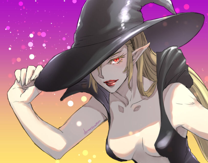 1girl bare_shoulders black_hat blonde_hair breasts cleavage collarbone colored_eyelashes eyelashes gradient_background hat hat_over_one_eye leanan_sidhe_(megami_tensei) long_eyelashes long_hair medium_breasts open_mouth pointy_ears red_eyes red_lips shin_megami_tensei shinabita_nasubi sleeveless solo witch_hat