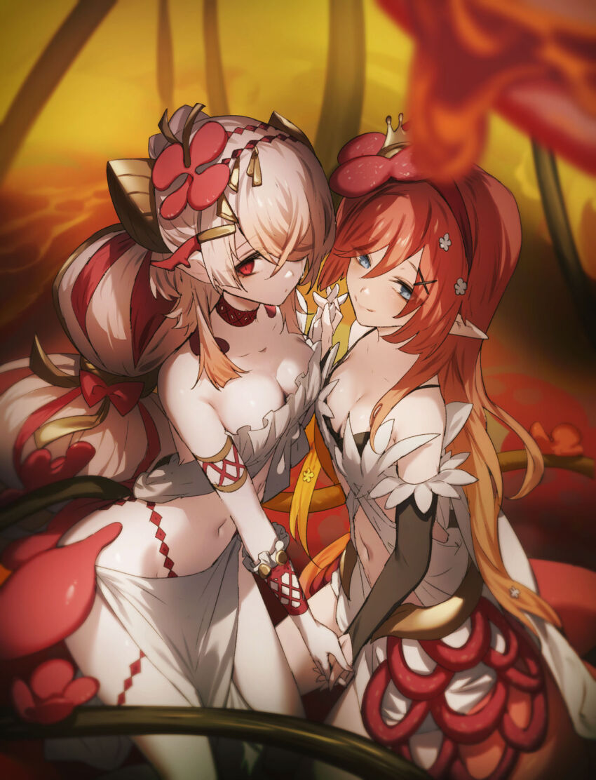 bare_shoulders blue_eyes breasts bridal_gauntlets cleavage dress duel_monster flower frilled_tube_top frills genyaky hair_flower hair_ornament hair_over_one_eye highres large_breasts long_hair looking_at_viewer multicolored_hair navel pink_hair pointy_ears red_eyes red_hair smile strapless traptrix_pinguicula traptrix_rafflesia tube_top very_long_hair white_tube_top yu-gi-oh!