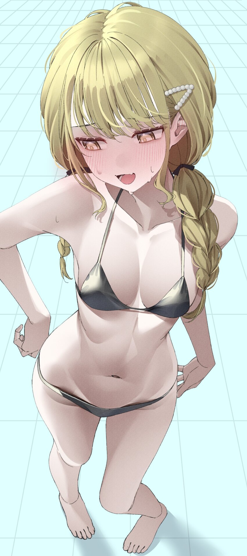 1girl absurdres averting_eyes barefoot bikini black_bikini blonde_hair blush braid breasts ear_blush fang foreshortening from_above fujita_kotone gakuen_idolmaster hair_ornament hairpin highres idolmaster kawai_ritsu_(rits_meg) long_hair looking_to_the_side low_twin_braids medium_breasts navel open_mouth skin_fang solo standing stomach sweat swimsuit twin_braids yellow_eyes