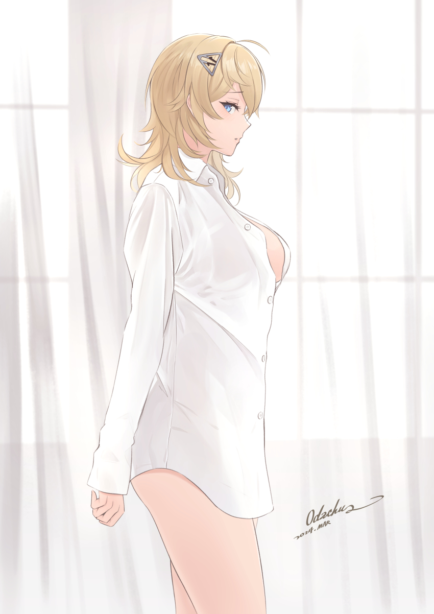 1girl absurdres blonde_hair blue_eyes blush bottomless breasts collared_shirt curtains dress_shirt from_side hair_between_eyes hair_ornament highres kantai_collection long_sleeves looking_at_viewer medium_breasts naked_shirt odachu open_clothes parted_lips profile shirt signature solo tuscaloosa_(kancolle) white_shirt window