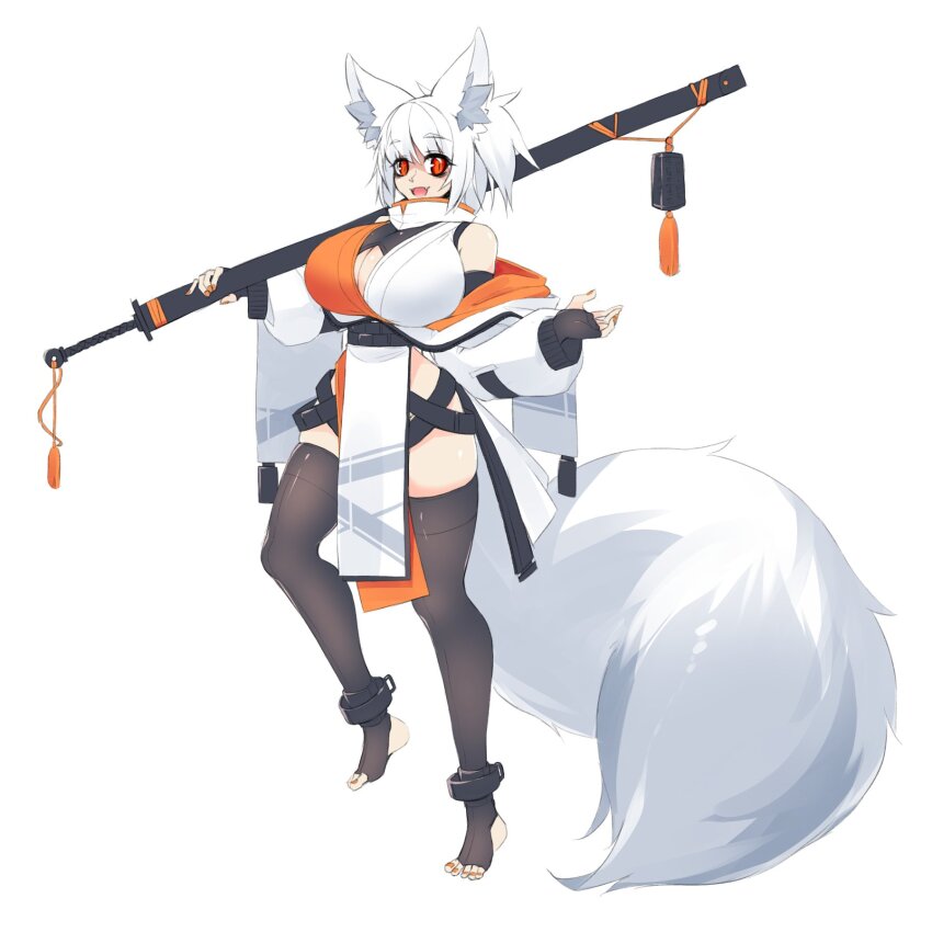 1girl animal_ear_fluff animal_ears belt breasts cleavage fangs fingerless_gloves fox_ears fox_girl fox_tail full_body gloves hand_up highres holding holding_sword holding_weapon huge_breasts jacket jacket_partially_removed japanese_clothes kimono multiple_belts nail_polish open_mouth orange_eyes orange_nails original over_shoulder pelvic_curtain sheath sheathed single_bare_shoulder skindentation sleeveless sleeveless_kimono sub-res sword tail tassel thighhighs toeless_legwear weapon weapon_over_shoulder white_background white_hair