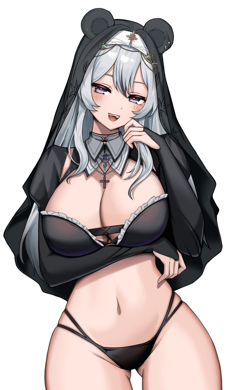 1girl absurdres animal_ears arm_under_breasts bikini black_bikini black_shrug black_veil breasts cleavage cowboy_shot fake_animal_ears frilled_bikini frills gluteal_fold hand_up highres indie_virtual_youtuber jewelry juliet_sleeves kushinaka large_breasts long_hair long_sleeves looking_at_viewer multi-strapped_bikini_bottom multicolored_hair nally_(vtuber) navel necklace open_mouth puffy_sleeves purple_eyes second-party_source shrug_(clothing) simple_background smile solo standing stomach streaked_hair string_bikini swimsuit thighs veil virtual_youtuber white_background white_hair