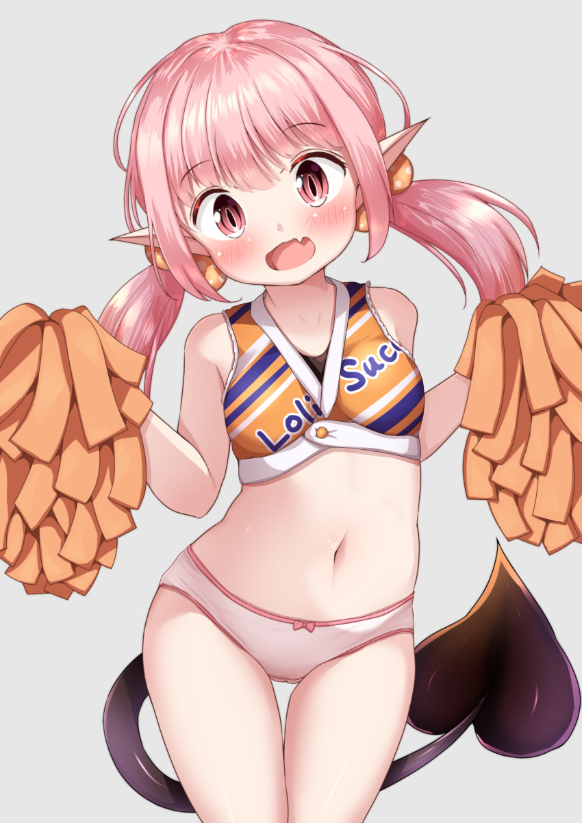 1girl :d bare_shoulders blush bow bow_panties breasts cheerleader clothes_writing crop_top demon_girl demon_tail fang grey_background hair_between_eyes hair_bow head_tilt highres holding long_hair looking_at_viewer mochiyuki navel no_pants open_mouth orange_bow orange_shirt original panties pink_hair pointy_ears polka_dot polka_dot_bow pom_pom_(cheerleading) red_eyes shirt simple_background sleeveless sleeveless_shirt small_breasts smile solo stomach tail thigh_gap twintails underwear white_panties