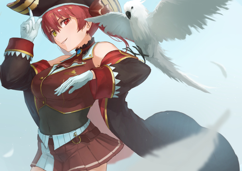 &gt;:) 1girl adjusting_clothes adjusting_headwear animal_on_arm ascot bad_id bad_pixiv_id belt bicorne bird bird_on_arm black_choker black_coat black_hat breasts brooch brown_belt buttons character_name choker coat cockatoo cowboy_shot cropped_jacket frilled_choker frills from_side gloves gold_trim hair_ribbon hat heterochromia highres hololive houshou_marine jacket jewelry large_breasts leather_belt leotard leotard_under_clothes long_hair looking_at_viewer midriff miniskirt off_shoulder pirate pleated_skirt red_ascot red_eyes red_hair red_jacket red_ribbon red_skirt ribbon see-through_clothes see-through_leotard skirt sleeveless sleeveless_jacket smile solo tarorud twintails two-tone_skirt v-shaped_eyebrows virtual_youtuber white_gloves yellow_eyes