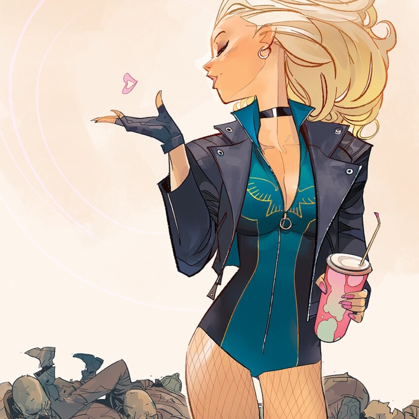 1girl 6+boys black_canary blowing_kiss blue_leotard breasts cleavage collarbone commentary cup dc_comics disposable_cup drinking_straw earrings english_commentary fingerless_gloves fishnet_pantyhose fishnets floating_hair gloves grey_pants hair_behind_ear heart holding holding_cup jewelry leotard medium_breasts medium_hair multiple_boys otto_schmidt pants pantyhose pink_nails smile western_comics_(style)