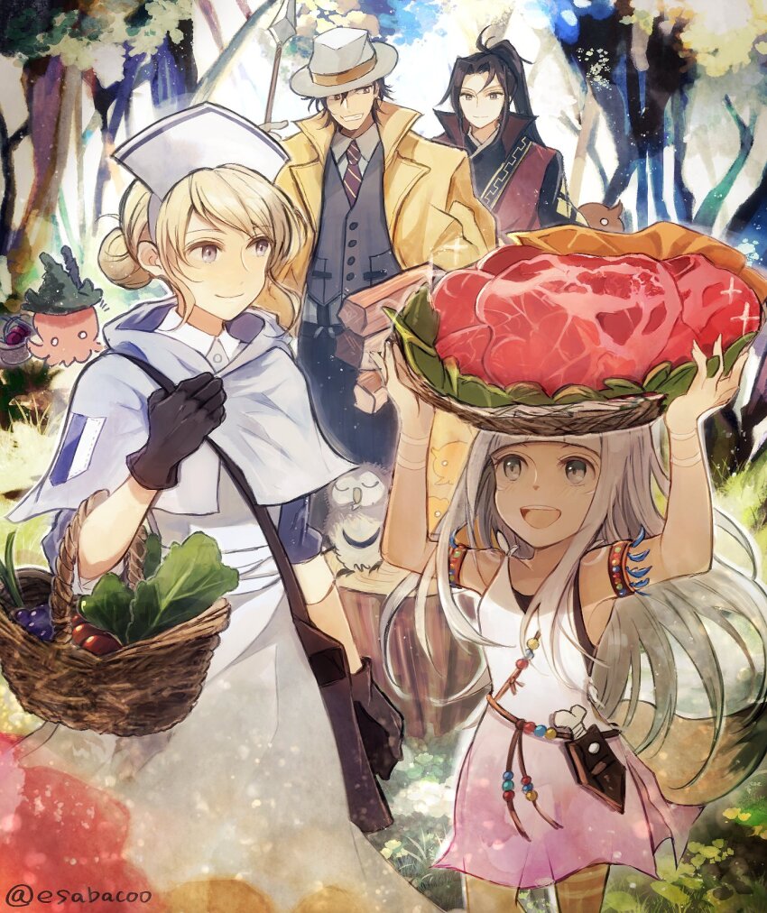 2boys 2girls :d arched_bangs basket bird black_gloves black_hair blonde_hair brown_eyes capelet castti_florenz closed_mouth coat food forest formal gloves grey_capelet grey_eyes grey_suit hat high_collar high_ponytail highres hikari_ku holding holding_basket leaf_(esabacoo) lettuce log long_hair meat multiple_boys multiple_girls nature ochette_(octopath_traveler) octopath_traveler octopath_traveler_ii open_mouth owl partitio_yellowil sliced_meat smile sparkle suit teeth walking white_hair white_hat yellow_coat