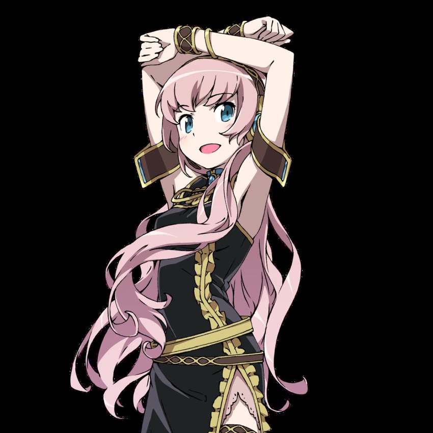 1girl alternate_costume aqua_eyes belt exit_tunes female_focus hands_on_own_head headset highres kanzaki_hiro long_hair megurine_luka pink_hair solo transparent_background very_long_hair vocaloid