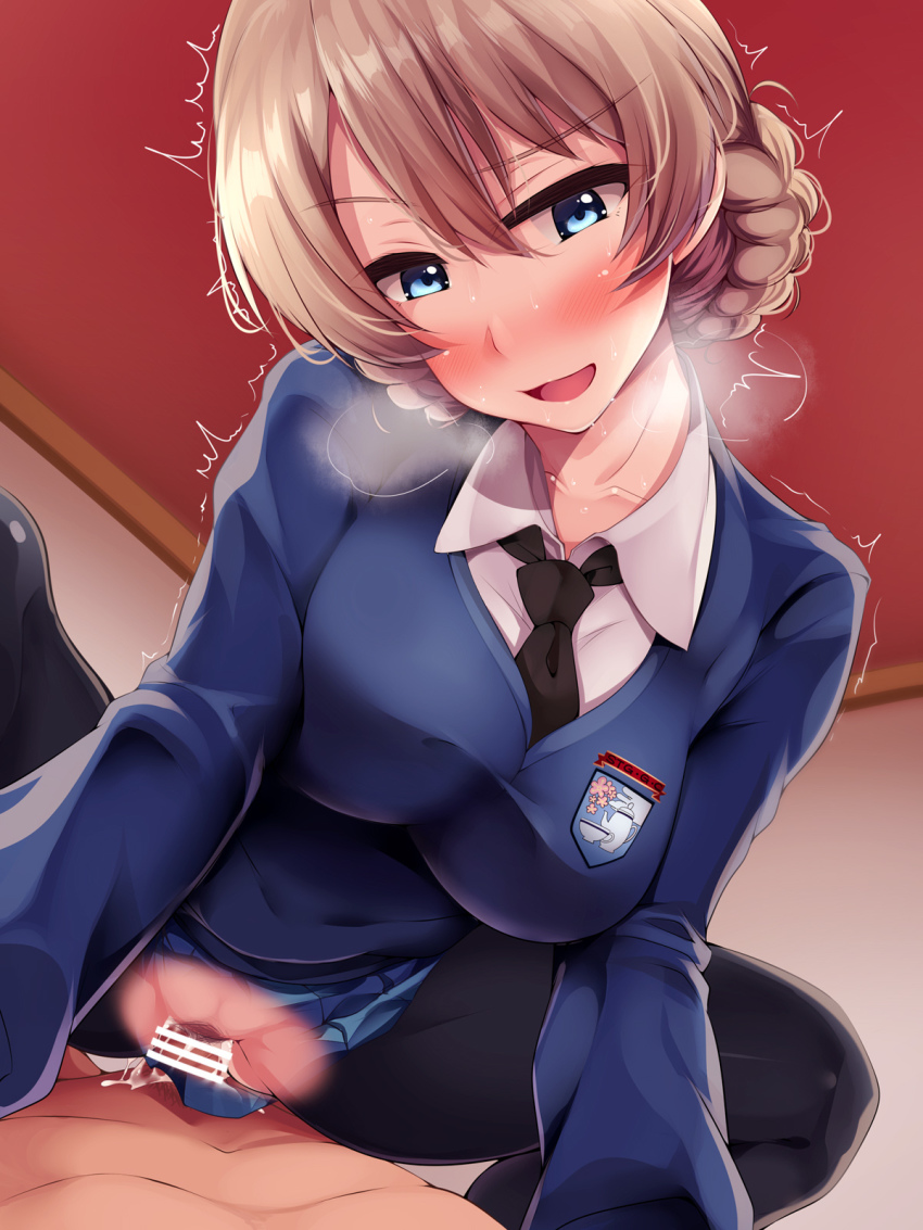 1boy 1girl bad_id bad_pixiv_id black_neckwear black_pantyhose blue_eyes blue_skirt blue_sweater blush braid breasts brown_hair clothed_female_nude_male cowgirl_position darjeeling_(girls_und_panzer) dress_shirt emblem girl_on_top girls_und_panzer head_tilt heavy_breathing hetero highres indoors large_breasts long_sleeves looking_at_viewer military military_uniform miniskirt necktie nksk nude open_mouth pantyhose pleated_skirt school_uniform sex shirt skirt smile st._gloriana&#039;s_school_uniform straddling sweater trembling v-neck vaginal white_shirt