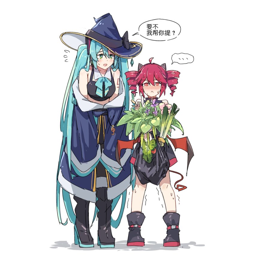 ... 2girls ahoge alternate_costume arm_tattoo bag black_footwear black_ribbon black_wings blue_coat blue_eyes blue_hair blue_hat blue_ribbon blush boots chinese_text closed_mouth coat cropped_shirt demon_tail drill_hair flat_chest frontiersun full_body hat hat_ribbon hatsune_miku high_heel_boots high_heels highres holding holding_bag horns kasane_teto long_hair multiple_girls neck_ribbon number_tattoo open_mouth plant red_eyes red_tail red_tattoo red_wings ribbon shirt shoulder_tattoo simple_background sleeveless sleeveless_shirt sleeves_past_fingers sleeves_past_wrists speech_bubble spoken_ellipsis spring_onion standing sweatdrop tail tattoo translation_request twin_drills twintails utau very_long_hair very_long_sleeves vocaloid white_background wings witch_hat